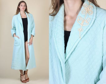 60s Quilted Robe // Vintage Baby Blue Embroidered Flower Long Bathrobe Loungewear - One Size