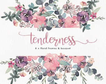 Watercolor set of 6 frames & 1 bouquet. Wedding, boho, floral, bohemian, clip art, vintage, collection, individual PNG, hand painted, rustic