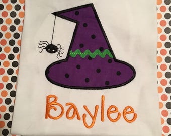 Girls halloween shirt, toddler halloween shirt shirt, witch hat shirt, spider halloween shirt, name halloween shirt, embrodiered, appliqued