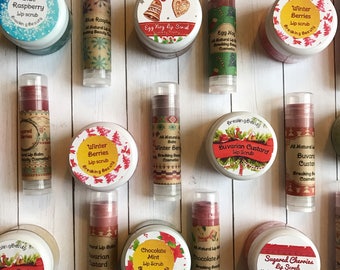 Holiday themed organic lip scrubs and lip balm