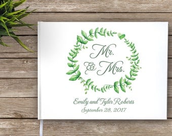 Floral Wreath Wedding Guest Book, Garden Wedding Guestbook, Mr and Mrs, Custom Guest Book, Personalized Guest Book, wreath, green, white