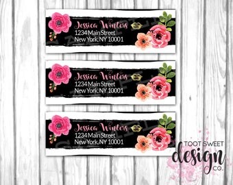 Lipsense Address Labels, Lipsense by Senegence Return Label Stickers, Lipsense Distributor Custom Mailer Tags, Black White Stripe Floral