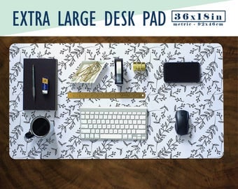Leafy Print Extra Large Desk Pad with Available Custom Monogram - Extended Mouse Mat - 36x18in