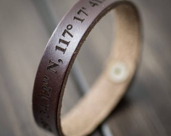 Latitude Longitude Bracelet, Personalized Bracelet, GPS Coordinates, Leather Bracelet, Custom Coordinates Bracelet, Gift for him- Chocolate