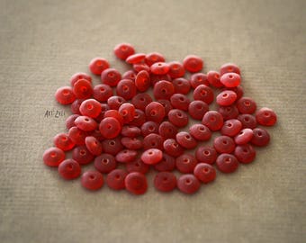 2x5mm, 50 small handcrafted indian glass beads, spacers, rondels, frosted glass, red, matt