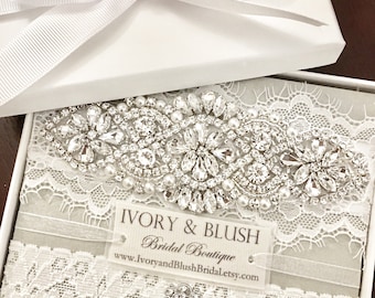 Wedding garter- Light ivory Wedding garter set, Garter, Bridal Garter, Rhinestone Garter, Garter set, Lace Garter, Lace Garter, Crystal Gart
