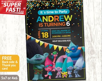TROLLS BIRTHDAY INVITATION Boy, Trolls Invitation, Trolls Party Invitation, Trolls Invite, Trolls Card, Trolls Poppy, Trolls Branch, v1b
