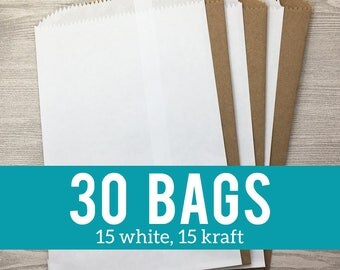 30 Favor Bags - 15 White and 15 Kraft Brown, Wedding Favor Bags, Baby Shower Bags, Party Favor Bags, Flat Merchandise Unlined Bags - 5x7.5"