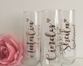 Rose gold champagne flutes- Bridesmaid proposal ideas- maid of honor gift- personalized champagne flutes- bridesmaid champagne glasses-