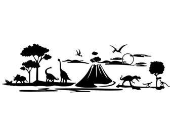 Dinosaurs landscape volcano Graphics SVG Dxf EPS Png Cdr Ai Pdf Vector Art Clipart instant download Digital Cut Print File Cricut Silhouette