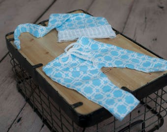 The Mathew-Photography prop boys-night cap-pant-set-white and blue-ready to ship newborn-made to order sitter- soft cotton