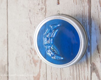 Cobalt Blue Fused Glass Crescent Moon Dichroic Glass Suncatcher Mounted in a Large Canning Jar Lid, Perfect for windows, gardens or patios