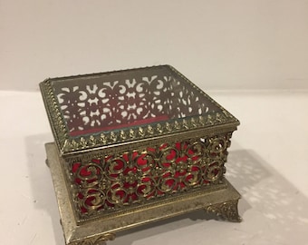 Vintage Jewelry Trinket Box Casket, Gold Filigree and Glass Top