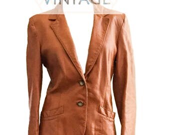 Vintage Retro 1970's Karen Silton Brown Leather Blazer, Retro Jacket, Size 2