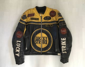 Lucky Strike Leather Jacket, Motorcycle Jacket Yellow And Black, Vintage Motorbike Leather Jacket