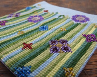 Modern Cross Stitch Kit 'Flower Meadow' Large, Embroidery Kit, Craft Kit, Modern Wall Art, Needlepoint Kit, Cross Stitch Pattern, Gift