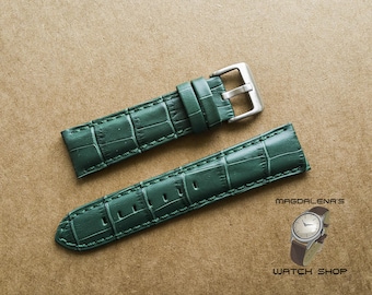 Dark Green 22 mm Leather Watch Strap, 22 mm Genuine Leather Wrist Watch Band, Leather Watch Bands, Watchband, Crocodile Texture Watch Straps