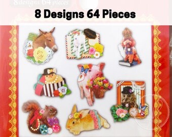 70 Cute Party Animals Gold Foil Stickers (Chicken Baby, Pig, Bunny, Dog, Squirrel, Horse, Sheep, Owl)