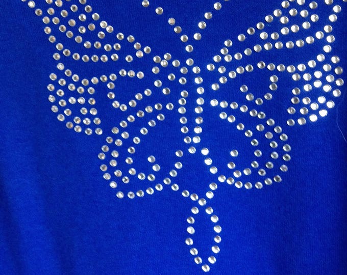 St John's Bay Blue Long Sleeve Jersey Blouse Embellished with Butterfly Design in Clear Swarovski Crystals Medium Size, Swarovski Crystals