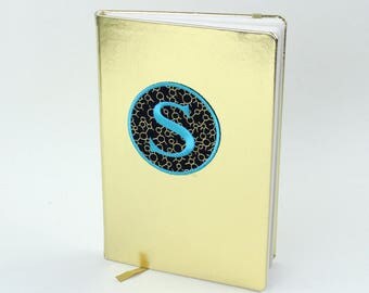 Personalized gold writing journal, notebook, diary. With embroidered patch with initials.