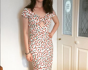 Vintage 1950s Style Cherry Print Wiggle Dress with Cut Out Detail
