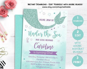 25% OFF SALE Mermaid Birthday Invitation, Mermaid Invitation, Under The Sea Party Invite, Teal Purple, Editable Invitations, Template, Insta