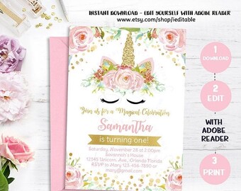 25% OFF SALE Unicorn Invitation, Magical Unicorn 1st Birthday, First Floral, Pink and Gold, Rainbow, Pastel, Editable invite Templates Intan