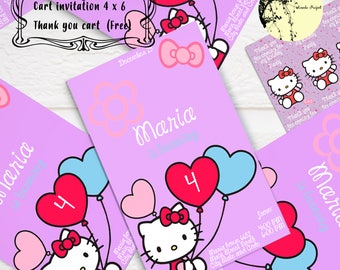 Hello Kitty, Invitation Cart, Party kids, Cat, Cute, Instant Download