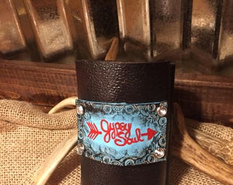 Black painted and tooled gypsy soul leather slim can cooler