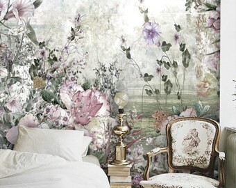 Abstract flowers watercolor painting wallpaper, Spring multicolored flowers mural Removable Self Adhesive peel and stick wallpaper #121
