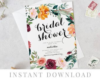 Wreath Bridal Shower Invitation INSTANT DOWNLOAD, Hens Night Invite, DIY Printable, Templett, Editable, Rustic Invites, Orange, Breeze