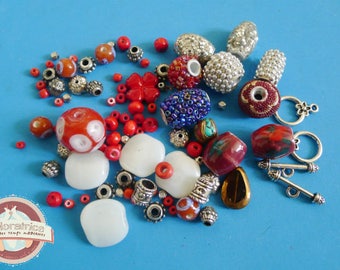 90 glass Indian ethnic ceramic beads blue silver red wood