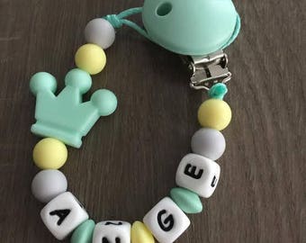 PACIFIER clip sea green and pale yellow-IDEAL birth gift