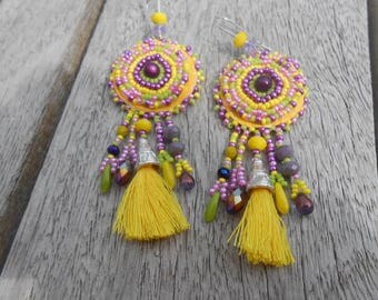 Embroidered "yellow tassels" beaded earrings