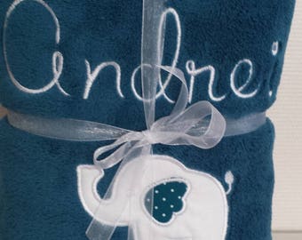 embroidered name and elephant teal baby blanket blanket