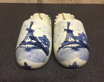 Pair of Blue Delft Porcelain Dutch Shoes Handprinted in Holland