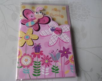 1 x double Butterfly/Ladybug/flower multicolored pattern 3D card + envelope pink 18 x 12 cm