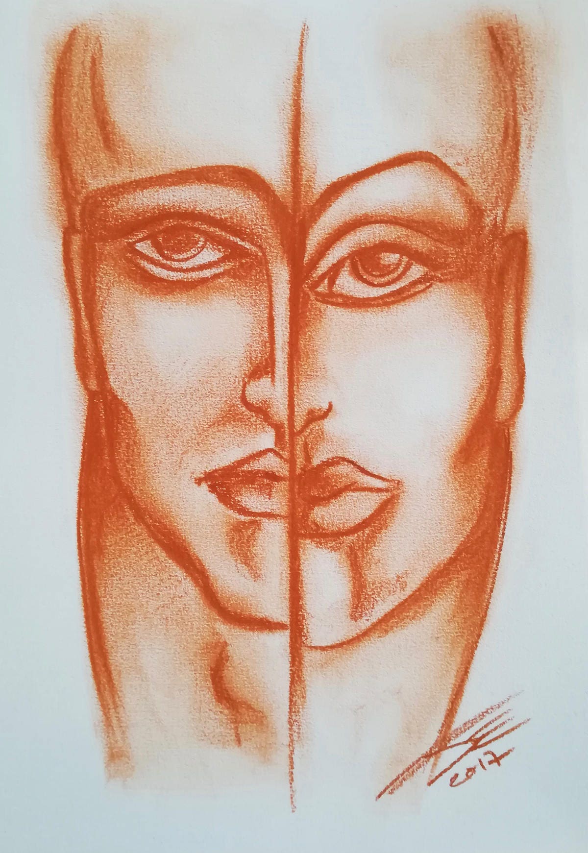 Double men and womendrawing sanguine on paperhalfman