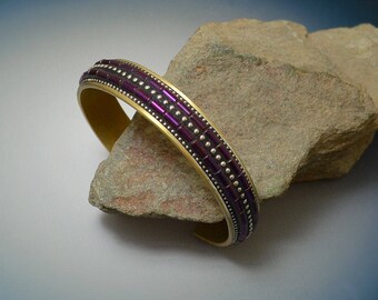 Mosaic Brass Cuff Bracelet with purple Hematite inlaid beads and sterling silver inlay in black polymer clay.