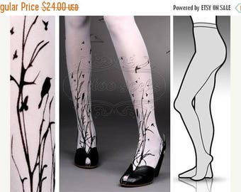 SALE///endsAug22/// Small/ Medium fabulous FOREST SYMPHONY tattoo stockings / full length / pantyhose / nylons White
