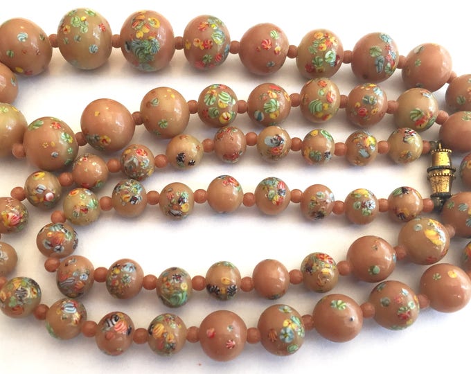 SALE 30% off Vintage necklace Japanese millefiori beads coffee Tan beige latte Color Jewelry little flowers graduated 21 inches 16mm