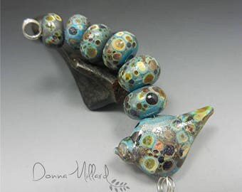 Artisan Lampwork Beads Handmade Lampwork Glass Bead Set DONNA MILLARD sra blue bird folk art turquoise brown black autumn fall winter