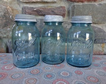 Vintage Lot of 3 Blue Aqua Ball Perfect Mason Quart Canning Jars w/Zinc Lids #L2