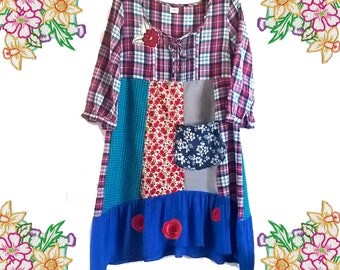 Cute Patchwork Plaid Cotton Shirt Prairie Dress. Upcycled Clothing. Red and Blue, Big Pocket and Rose Detail. Size Medium.