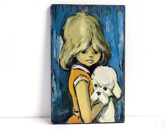 Vintage Big Eyed Art Wall Hanging, Girl with Poodle Dog, Signed Torino, Room Decor Painting, 16x10, Art Gift Ideas