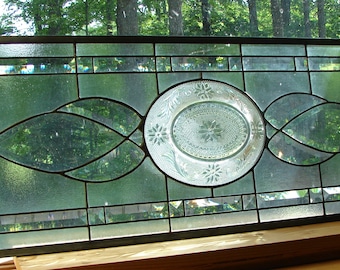 Stained glass panel Large clear Transom bevel window valance 33"