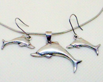 Vintage Dolphin Necklace AND Earrings - Handmade Sterling Silver - Silver Chain - Hallmarked - Dangle Dolphin Earrings