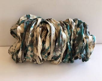 Silk Sari Ribbon-Recycled Gray & Teal Tye Dye Sari Ribbon-10 Yards