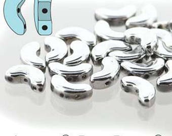 Arcos Par Puca Pastel Argentees Metallic Silver Three Hole Crescent Czech Pressed Glass 5mm x 10mm 11 grams Approx 50 beads