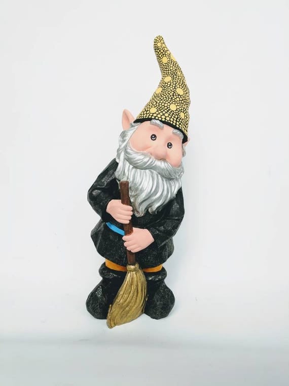 Garden Gnome with a broom hand painted Garden Gnome super sparkly